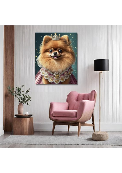 Tekli Dikey Kanvas Duvar Tablosu Prenses Kostümlü Pembe Pomarian Köpek