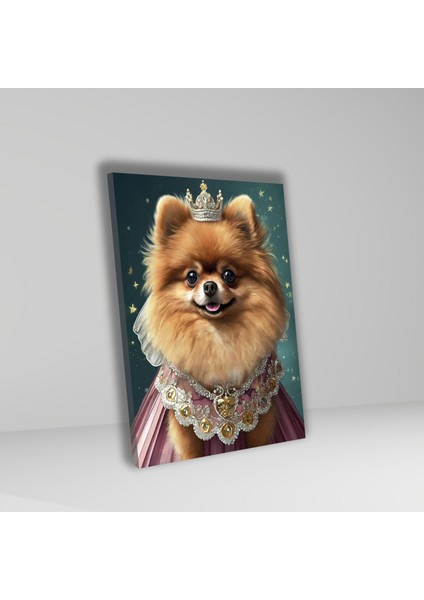 Tekli Dikey Kanvas Duvar Tablosu Prenses Kostümlü Pembe Pomarian Köpek