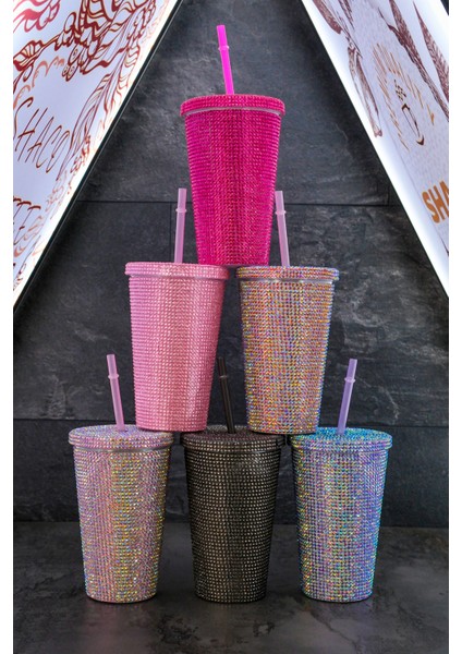 Shine Cup 500 ml Çift Kat Rhinestones Parlak Taşlı Mug Termos Bardak