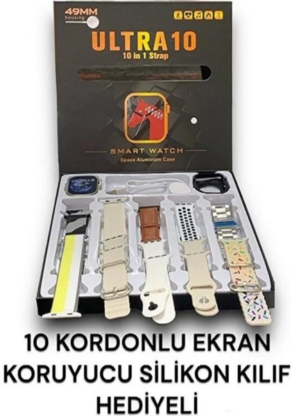 Ledoren Ultra 10 - 49MM 10 In 1 Edition - 10 Kordon + Silikon Koruyucu Kablosuz Şarj Özellikli Akıllı Saat