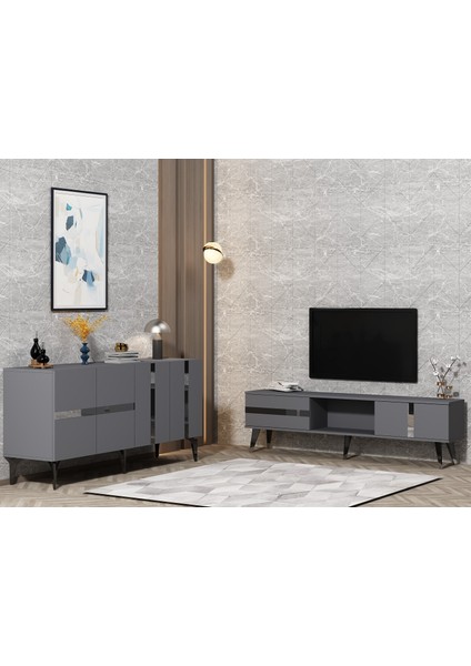 Vania Tv Sehpası ve Konsol 2'li Salon Takımı Antrasit-Gümüş