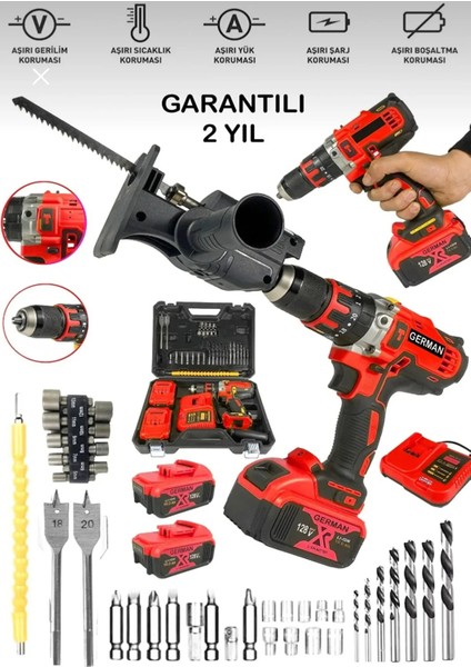 2'li Set 780RP Bakır Sargı Darbeli Şarjlı Matkap Metal Şanzıman Vidalama Tilki Testere Aparat Kırmız
