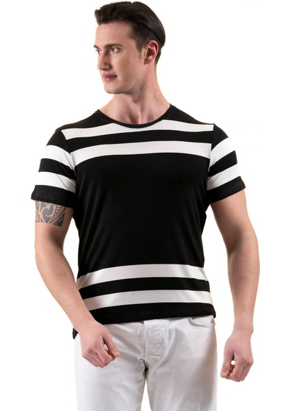 Siyah Göğsü Beyaz Çizgili Özel Kesim Nefes Alan Bisiklet Yaka Erkek Tişört T-Shirt