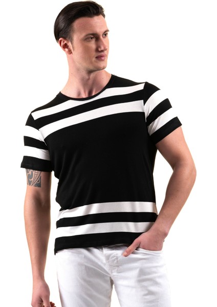 Siyah Göğsü Beyaz Çizgili Özel Kesim Nefes Alan Bisiklet Yaka Erkek Tişört T-Shirt fiyatları
