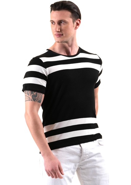 Siyah Göğsü Beyaz Çizgili Özel Kesim Nefes Alan Bisiklet Yaka Erkek Tişört T-Shirt modelleri