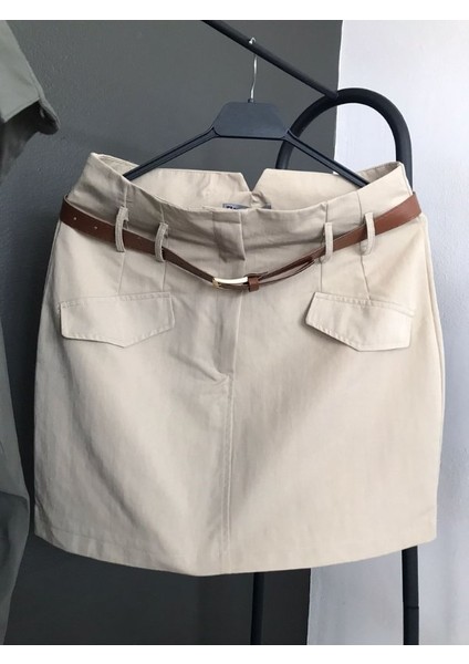 Albi Hadi Sütlü Kahverengi Kemerli Kapak Cep Detaylı Tasarım Tensel Kadın Mini Etek