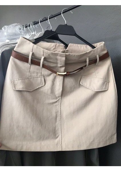 Albi Hadi Sütlü Kahverengi Kemerli Kapak Cep Detaylı Tasarım Tensel Kadın Mini Etek fiyatları