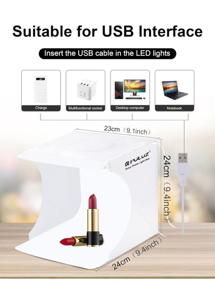 Puluz 2 Adet LED Şerit Işıklı 23 x 24 cm 6 Fonlu Fotograf Ürün Çekim Çadırı Kutusu Light Box