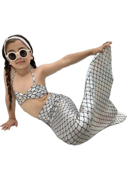 Kız Çocuk Parlak Gümüş Deniz Kızı Kostüm Doğum Günü Konseptli Mayo Bikini Little Mermaid