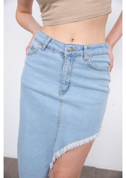 Buz Mavisi Asimetrik Yırtmaçlı Kot Etek fiyatları