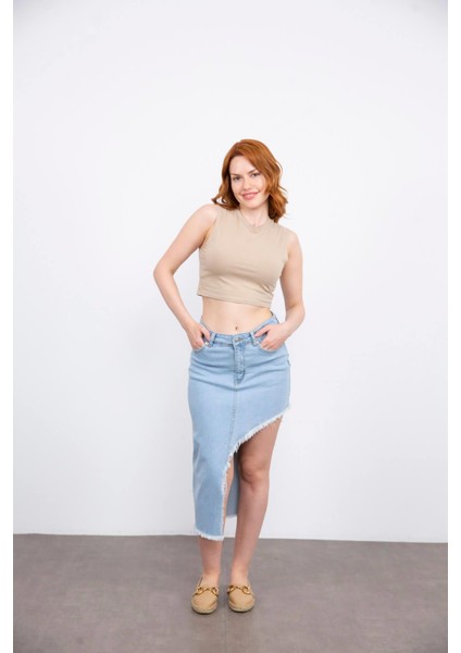 Buz Mavisi Asimetrik Yırtmaçlı Kot Etek modelleri