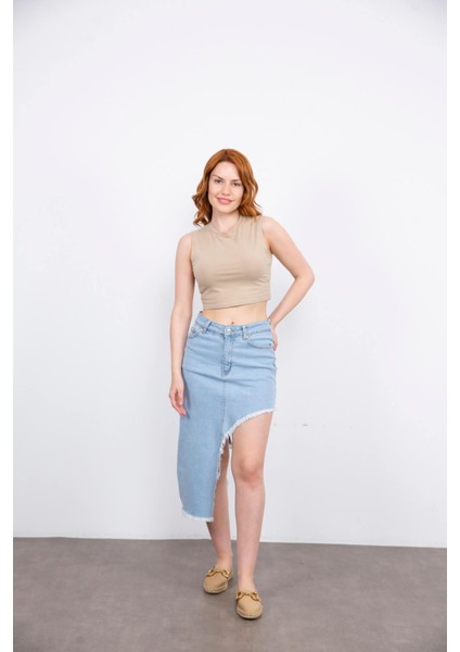 Buz Mavisi Asimetrik Yırtmaçlı Kot Etek indirimleri