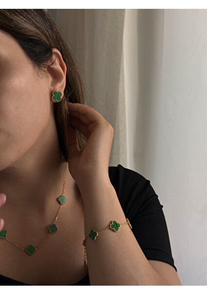 Inure Jewelry Glare Van Cleef Model Yeşil Yonca Mineli Çelik Kolye & Bileklik & Küpe 3'lü Set