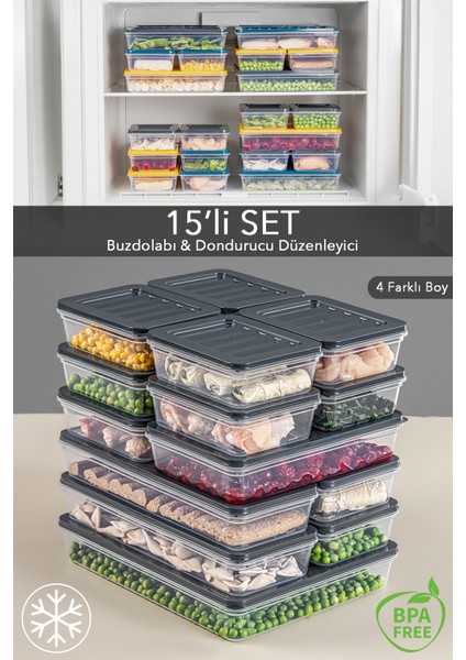 15'li Buzdolabı Organizer Mikrodalga ve Difrize Uygun Saklama Kabı 1X2400ML-4X1170-2X1200ML-8X600ML