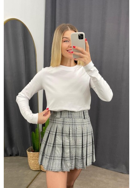 Siyah Beyaz Ekoseli Pileli Mini Etek fiyatları