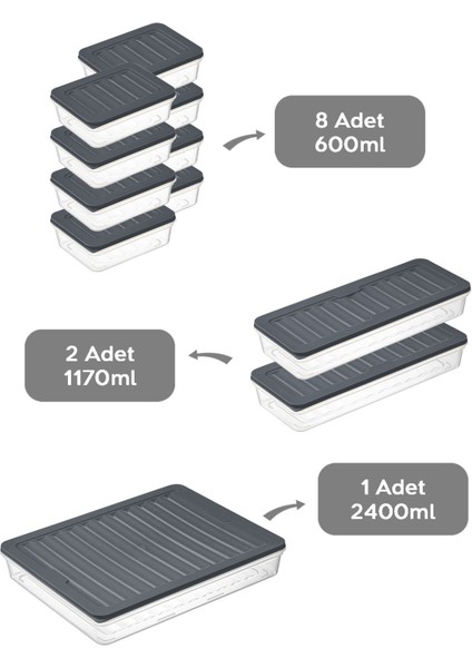 11'li Buzdolabı Organizer Mikrodalga ve Difrize Uygun Saklama Kabı 1X2400ML - 2X1170ML - 8X600ML