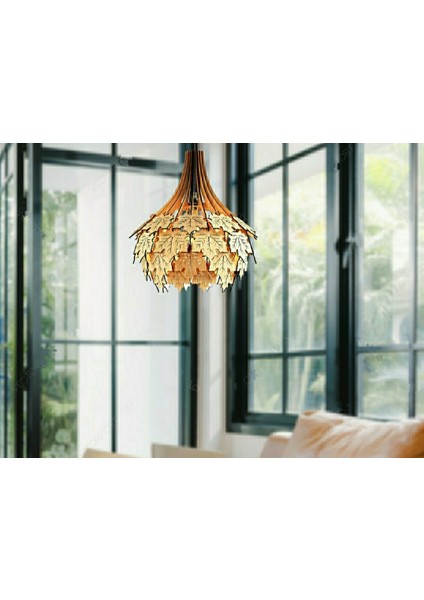 Çınar Yağrağı Modern Tasarım Globe Küre Ahşap Mdf 3D Lazer Kesim Rustik Salon Avize