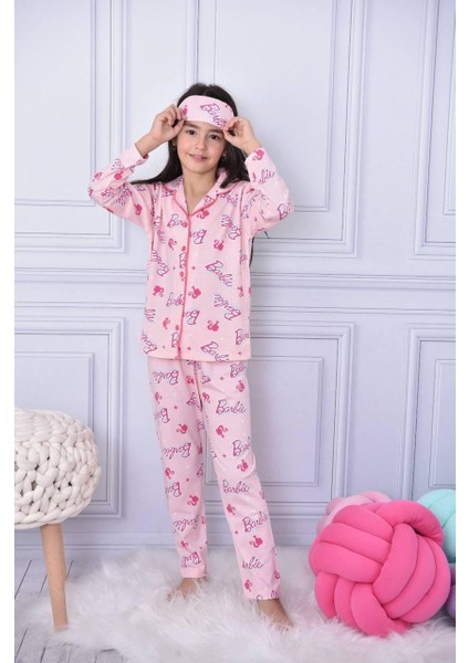 Kız Çocuk Pembe Barbie Desenli Düğmeli Pijama Takımı