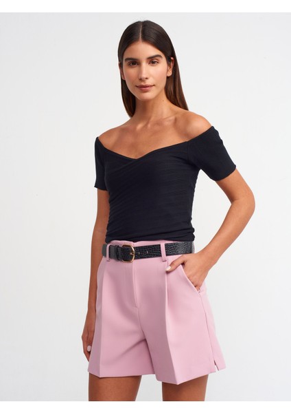 10528 Bardot Yaka Fitilli Triko Top-Siyah