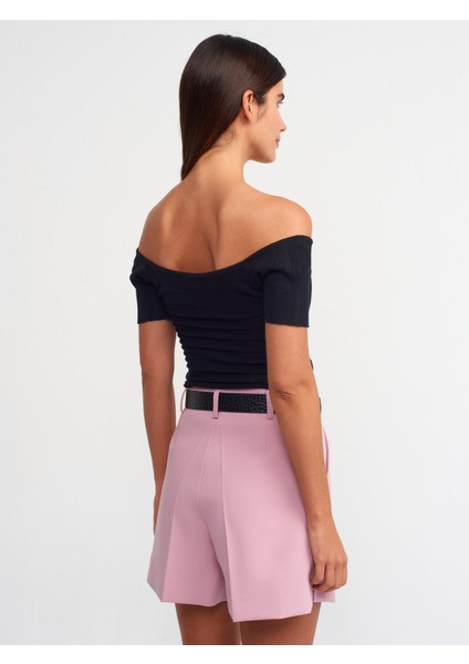 10528 Bardot Yaka Fitilli Triko Top-Siyah