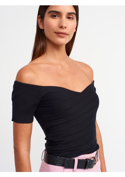 10528 Bardot Yaka Fitilli Triko Top-Siyah