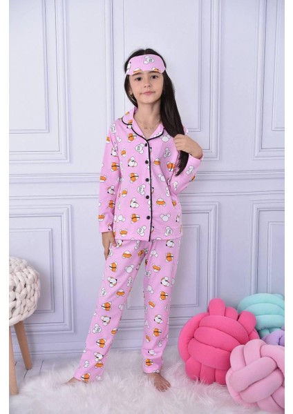 Kız Çocuk Düğmeli Mickey Desenli Uyku Bantlı Pijama Takımı