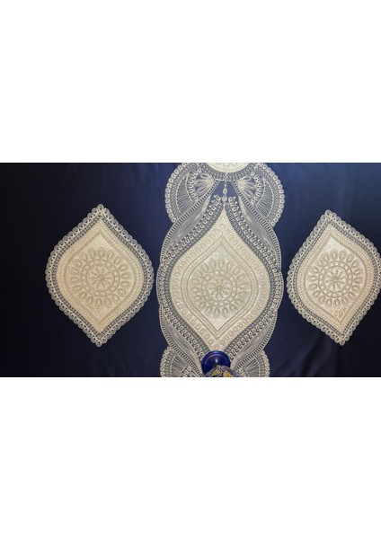 Şahmaran 5 Parça Lüks Runner Salon Oda Sehpa Masa Örtü Takımı Boncuklu Güpürlü Çeyizlik Set fiyatları