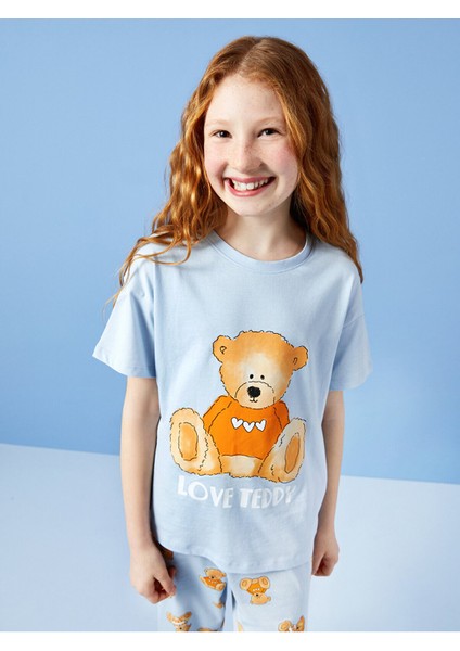 Bisiklet Yaka Baskılı Kısa Kollu Kız Çocuk Pijama Takımı