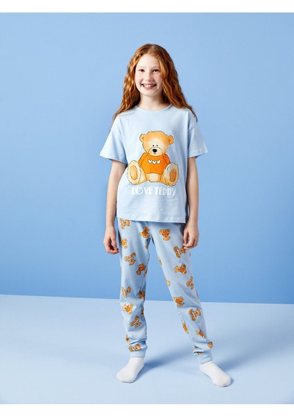 Bisiklet Yaka Baskılı Kısa Kollu Kız Çocuk Pijama Takımı modelleri