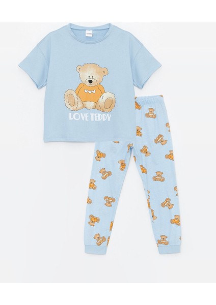 Bisiklet Yaka Baskılı Kısa Kollu Kız Çocuk Pijama Takımı fırsatları