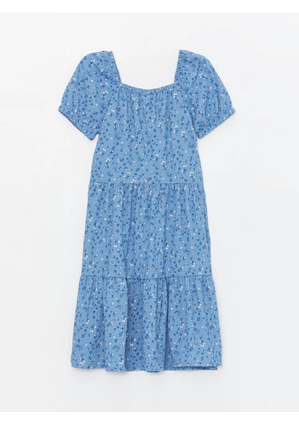 kare Yaka Kısa Kollu Kız Çocuk Elbise