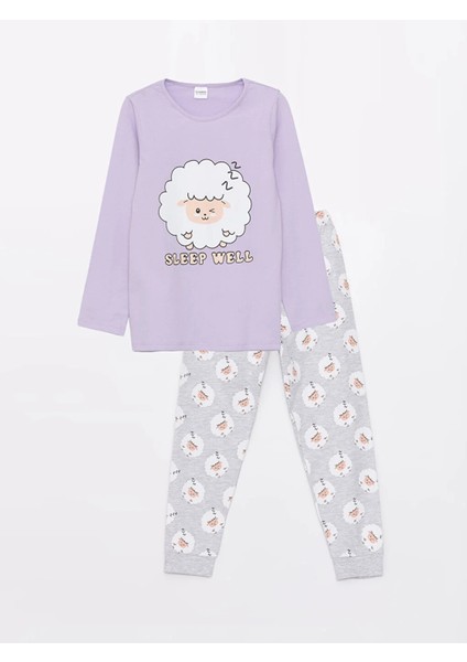 Lcw Kids Bisiklet Yaka Baskılı Uzun Kollu Kız Çocuk Pijama Takımı