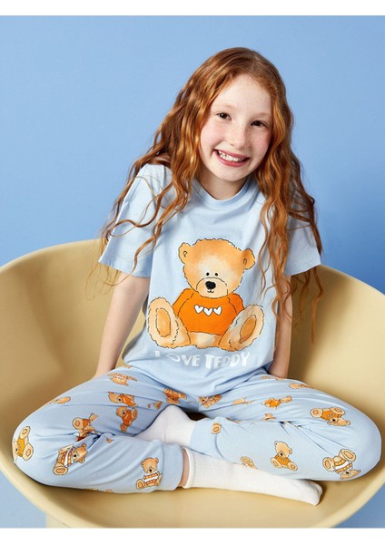 Bisiklet Yaka Baskılı Kısa Kollu Kız Çocuk Pijama Takımı