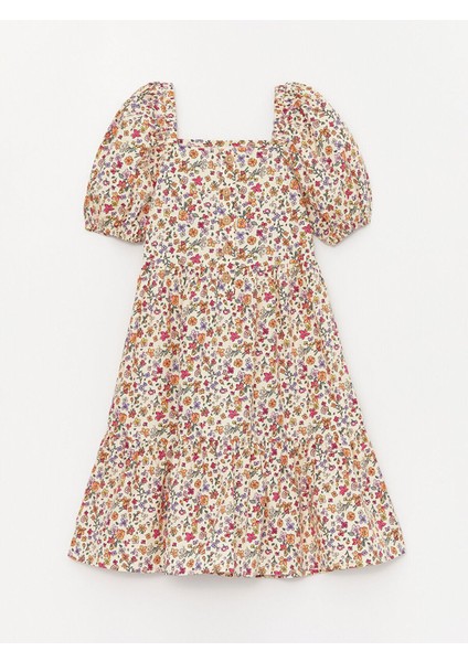 Kare Yaka Çiçekli Kısa Kollu Kız Çocuk Elbise