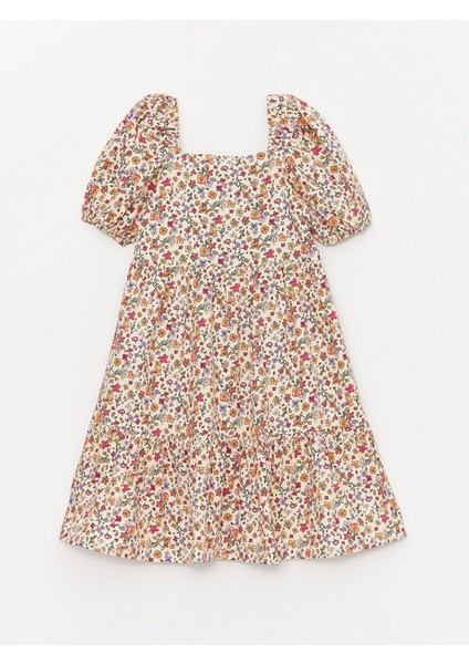 Kare Yaka Çiçekli Kısa Kollu Kız Çocuk Elbise fiyatları