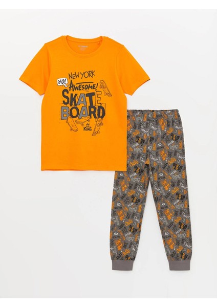 bisiklet Yaka Baskılı Kısa Kollu Erkek Çocuk Pijama Takımı