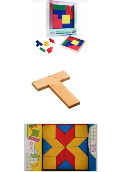 Ahşap Zeka Oyuncakları 3’lü Set - T Tangam - Akıllı Kareler1 - 16 Parça Renkli Tangram Blok