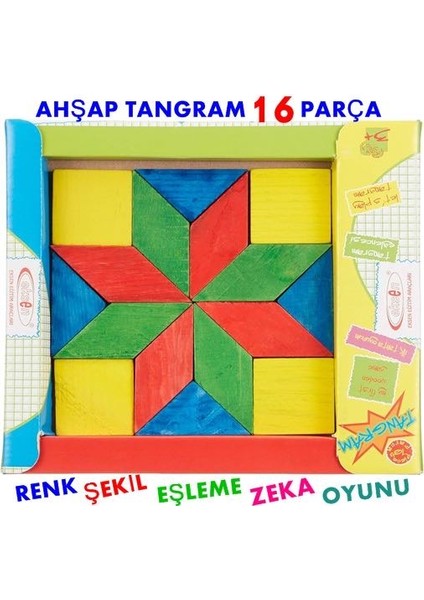 Ahşap Zeka Oyuncakları 3’lü Set - T Tangam - Akıllı Kareler1 - 16 Parça Renkli Tangram Blok