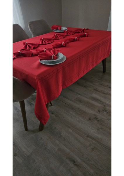 Çizgi Detaylı Masa Örtüsü Kırmızı 12 Kişilik 26 Parça - Masa 160X220...160X400 modelleri