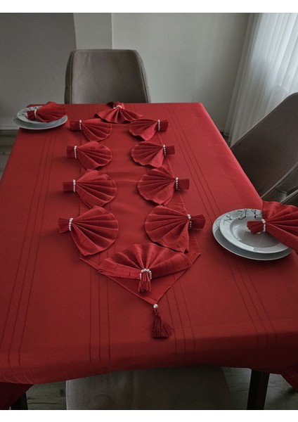 Çizgi Detaylı Masa Örtüsü Kırmızı 12 Kişilik 26 Parça - Masa 160X220...160X400 fırsatları