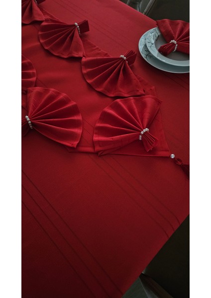 Çizgi Detaylı Masa Örtüsü Kırmızı 12 Kişilik 26 Parça - Masa 160X220...160X400 indirimleri