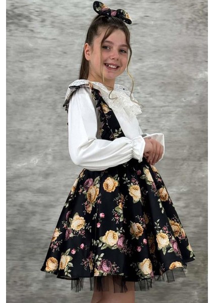 Kız Çocuk Yakası Güpür Işlemeli Bluz ve Flowers Baskılı Siyah Salopet Takım fiyatları
