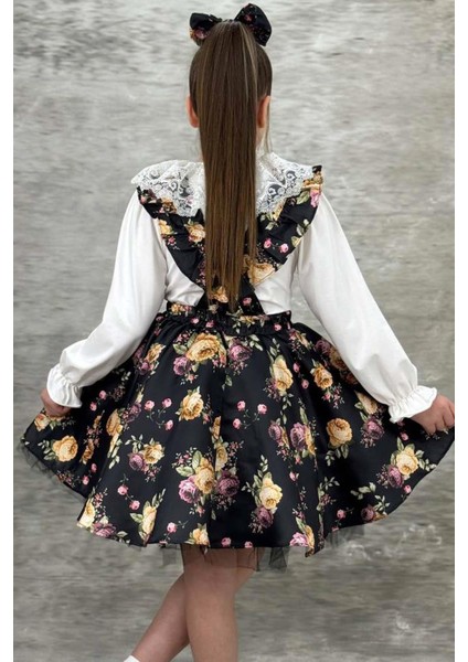 Kız Çocuk Yakası Güpür Işlemeli Bluz ve Flowers Baskılı Siyah Salopet Takım modelleri