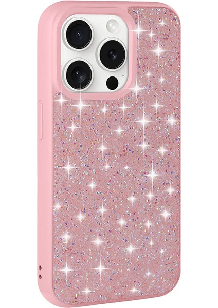 iPhone 15 Pro Uyumlu Parlak Taşlı Tasarım Pırlanta Kapak-Pembe