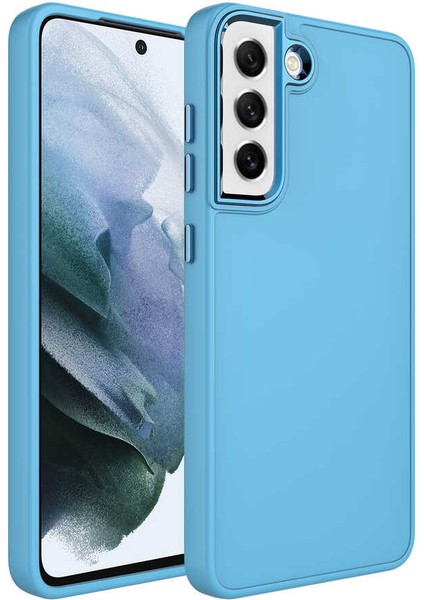 Galaxy S21 Fe Uyumlu Metal Çerçeve ve Buton Tasarımlı Silikon Luna Kapak-Sierra Mavi