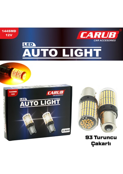 12V 93 Ampul 144 LED Düz Çakarlı Şeffaf Turuncu Ampul 144 LED