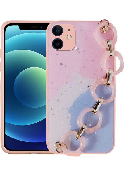 iPhone 11 - Uyumlu Simli Desenli El Askılı Tutacaklı Elsa Silikon Kapak-Pembe