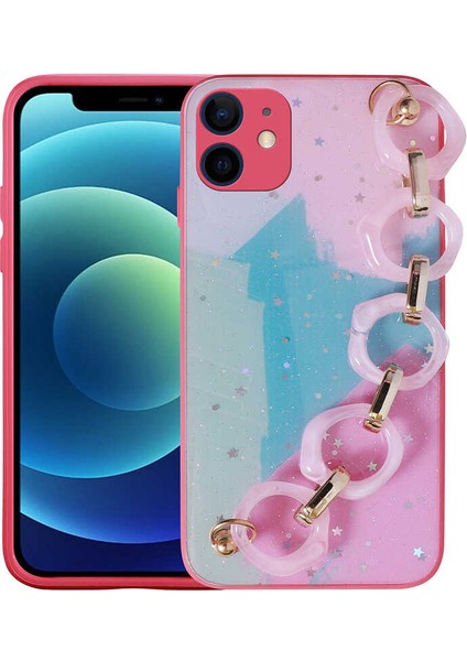 iPhone 11 - Uyumlu Simli Desenli El Askılı Tutacaklı Elsa Silikon Kapak-Pembe