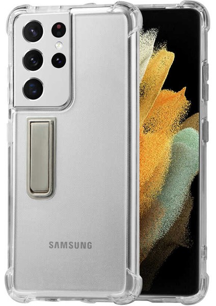 Galaxy S21 Ultra Uyumlu Standlı Süper Silikon Kapak-Renksiz