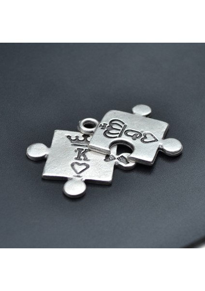 Puzzle - King - Queen Deri ip Kolye - Gümüş Kaplama - Kadın Erkek Kolye - No:955